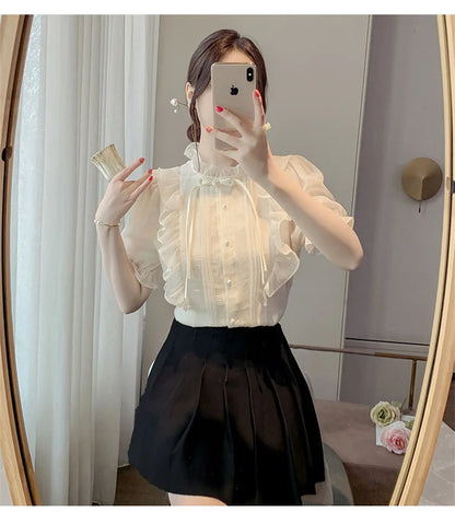 New Chinese Button French Ruffled Lace Gentle Chiffon Shirt 2025 Summer Fashion Temperament New Design Small Shirt Stylish Top
