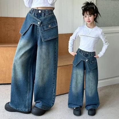 Autumn Trendy Korean Style Flared Jeans for Girls - Medium & Large Kids, Ruffled Long Pants for Junior High Students