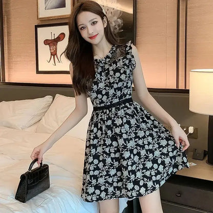Neck Gauze Mesh Slim Sleeveless Floral Dress Women's New Style Spliced round