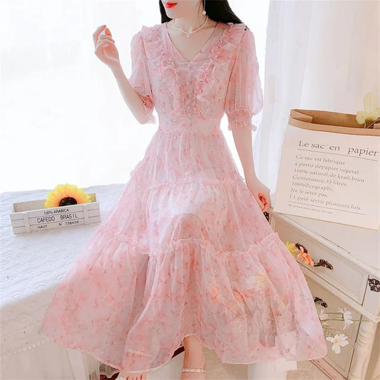 Boho Dress Women Floral Print Wrap Long Holiday Dress Ruffles Female Casual V-Neck Beach A Line Beach Dress Party Vestidos