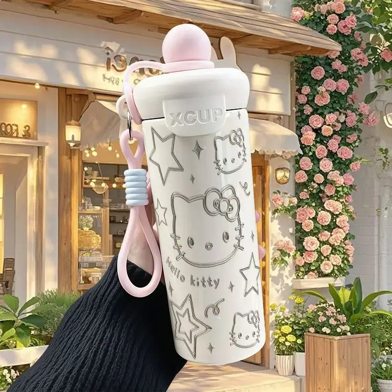 600ml Sanrio Hello Kitty Vacuum Thermos Cup SS316 Insulated Coffee Mug with Lifting Rope Portable Outdoor Drinking Water Kettle