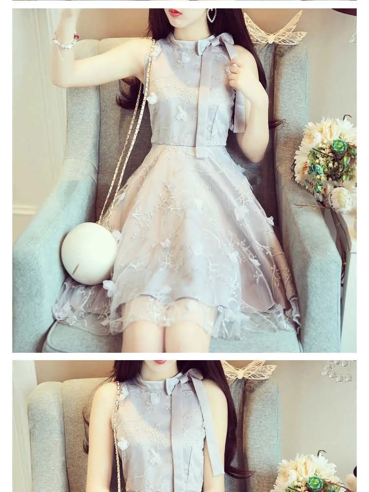 Elegant Floral Jacquard Embroidery Party Dress New Summer Women Tie Bow Mesh Dress Lady High Waist Short Sleeveless Tank Dresses