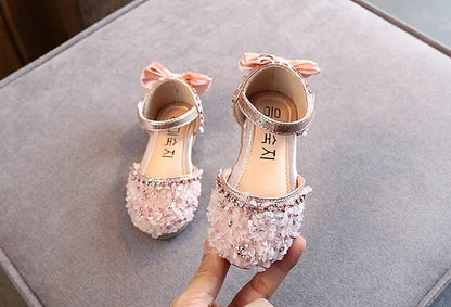 2023 Crystal Bow Single Shoes Summer Girls Fashion Princess Soft Shoes Children Pu Leather Flat Baby Rhinestone Sandals A986