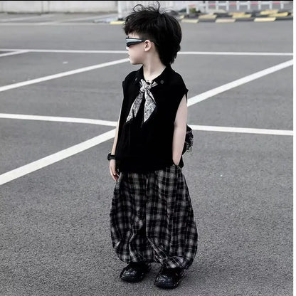 Summer Baby Boys 2Pcs Sleeveless Lapel T-shirt Top+ Thin Grid Pants Suit Children Outfit Fashion Casual Sets Handsome Clothes