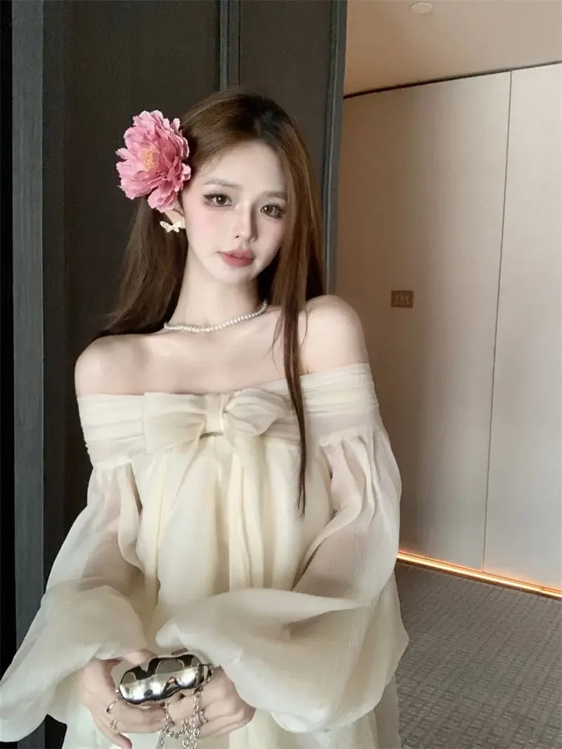 Bow Slash Neck Vestidos Off Shoulder Dress Sexy Sweet Vestido Fairy Mini Loose Dresses Spring 2026 New Long Sleeve Ropa Mujer