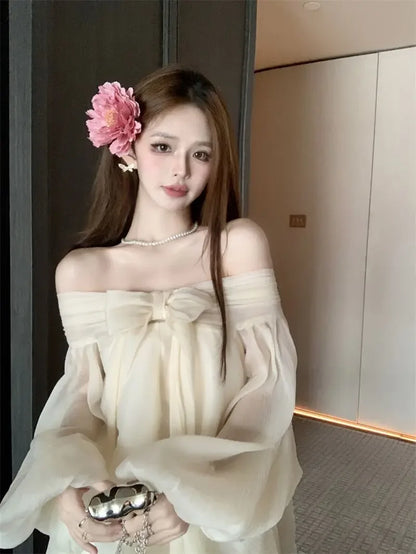 Bow Slash Neck Vestidos Off Shoulder Dress Sexy Sweet Vestido Fairy Mini Loose Dresses Spring 2026 New Long Sleeve Ropa Mujer