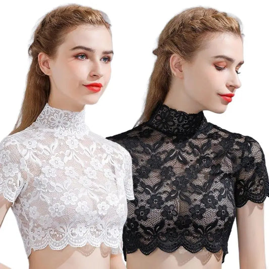 T5UF Women Turtleneck Detachable Collar Elegant Floral Lace Short Sleeve Half Blouse Shirt Pullover Lining Dickey Crop Top