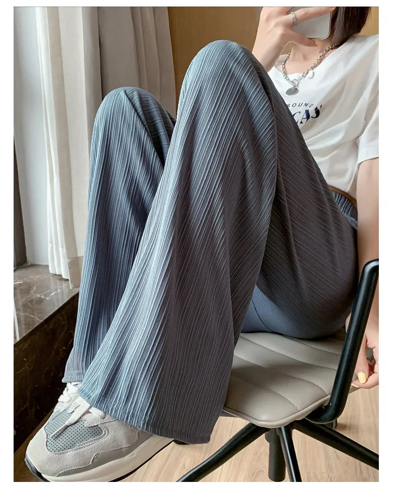Korea Dongdaemun Ice Silk Wide-leg Pants Women's Thin Slimming Floor Pants White Striped Pants Y2K Fashion Pants Baggy (Available)