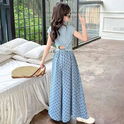 Girls set, summer children's fashion clothing, little girl wide leg pants, Korean version two-piece set, 4-12 years old
