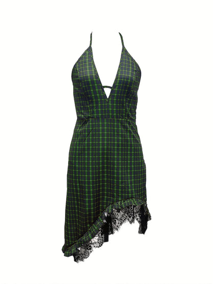 Women's Plaid Cowboy Dress Deep V-Neck Asymmetric Hem with Lace Belted Western Style Ideal for Bohemian Outings
