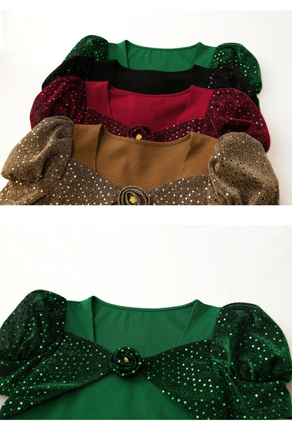 Women's Chic Youthful Square Neck Puff Sleeve T-Shirt Shimmery Floral Summer Blouse  Slim Fit Trendy Top