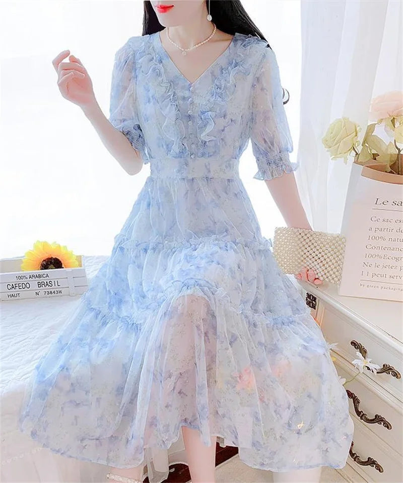 Boho Dress Women Floral Print Wrap Long Holiday Dress Ruffles Female Casual V-Neck Beach A Line Beach Dress Party Vestidos
