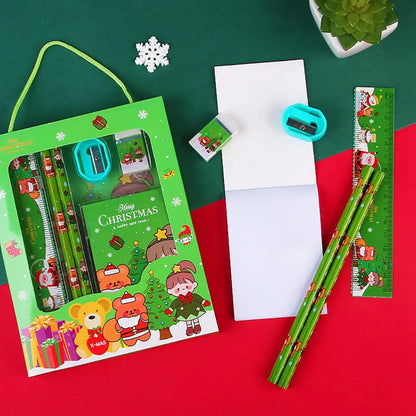 6Pcs/set Christmas Stationery Set Xmas Pattern Pencil Sharpener Erasers Children Pencils Gift Kawaii School Stationery Supplies