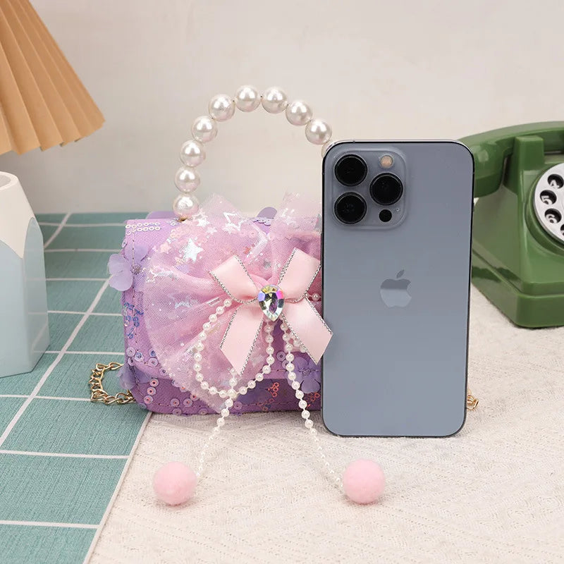 Cute Sequin Bow Kids Mini Square Shoulder Bags Versatile Children Chain Crossbody Bag Lace Girls Pearl Handbags Clutch Purse
