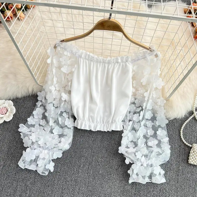 Flower Three-dimensional Decoration Slash Neck Long Sleeve Women's Blouse Shirt Korean Fashion Female Clothing Tops 2024 Summer