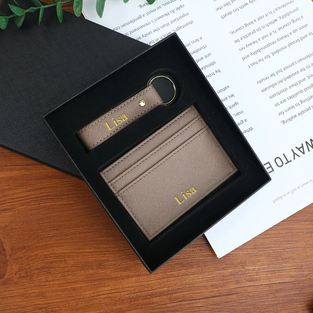 Customized name 1 set of pure color PU leather universal ultra-thin credit card wallet and PU leather keychain gift box set