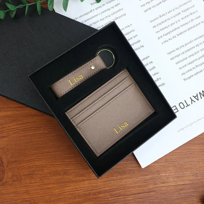 Customized name 1 set of pure color PU leather universal ultra-thin credit card wallet and PU leather keychain gift box set