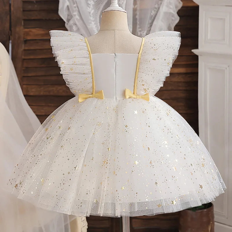 Child's Party Dress Children's Summer Princess Bow Star Sequin Gauze Skirt Girls Skirt Sweet Dress Fashion Kid's Dress Puffy