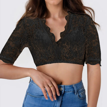 Women's Bavarian Oktoberfest Costumes Elegant Lace Crop Top Traditional Dirndl Blouse V Neck Short Sleeve Tops And Blouses