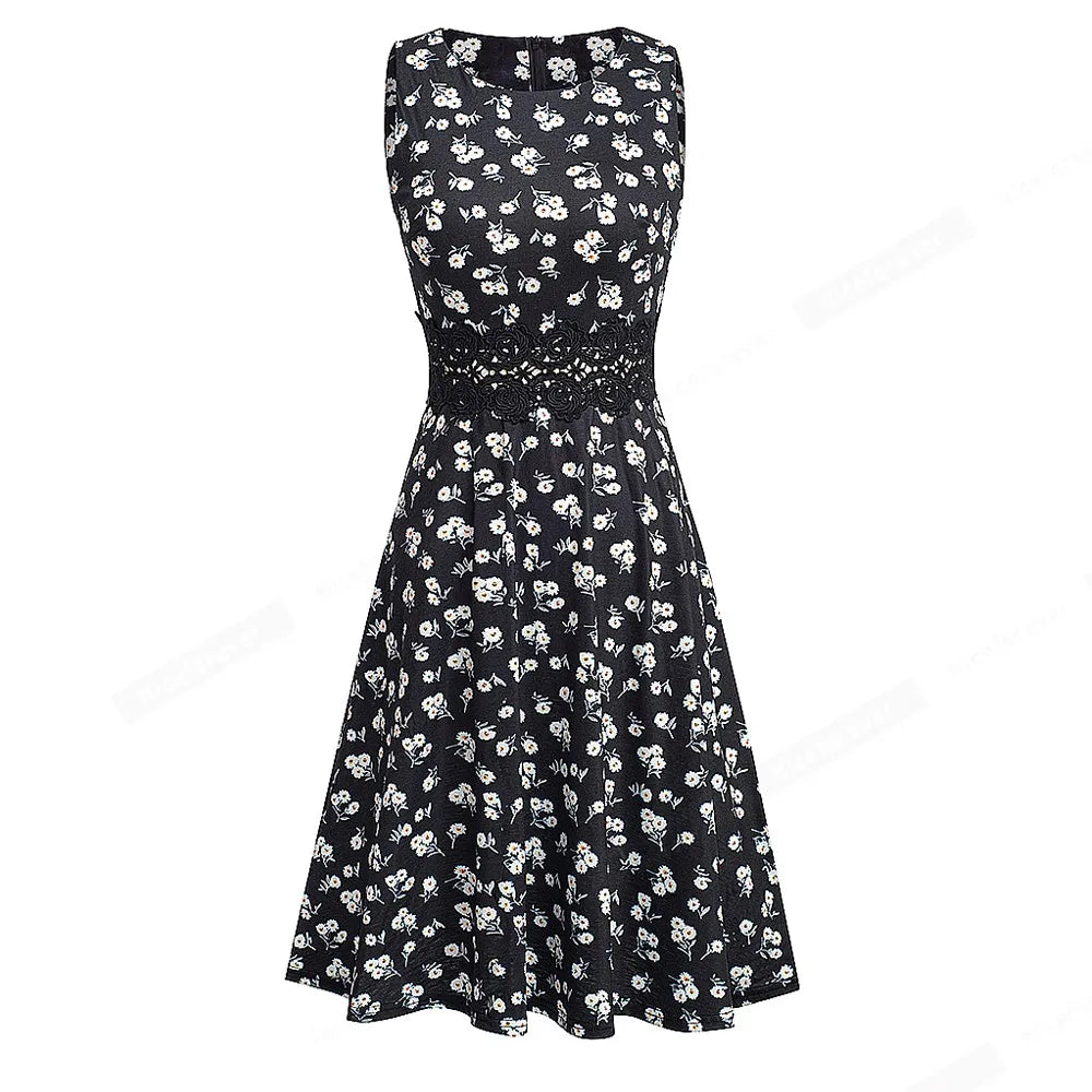 Women Vintage Casual Round Neck A line Summer Elegant Floral Lace Patchwork Sleeveless Tunic Party Swing Dress HA079