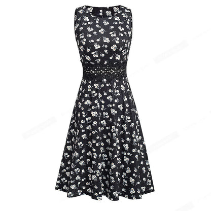 Women Vintage Casual Round Neck A line Summer Elegant Floral Lace Patchwork Sleeveless Tunic Party Swing Dress HA079