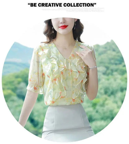 Fashion Printed Spliced Lace Up Bow Ruffles Floral Blouse Women's Clothing Summer New Casual Pullovers Loose Sweet Shirt