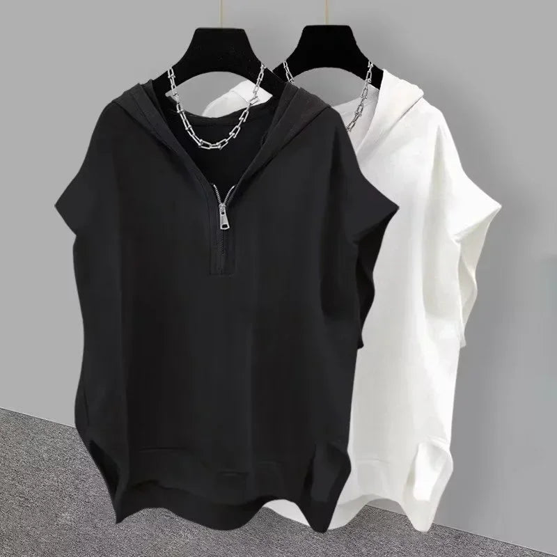 Summer Men's Zip up Sleeveless Hooded T-shirt 2024 New Korean Fashion Tank Tops Y2K Streetwear Casual Vests Hip Hop Tee Shirts(Available)
