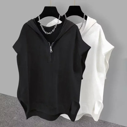 Summer Men's Zip up Sleeveless Hooded T-shirt 2024 New Korean Fashion Tank Tops Y2K Streetwear Casual Vests Hip Hop Tee Shirts(Available)