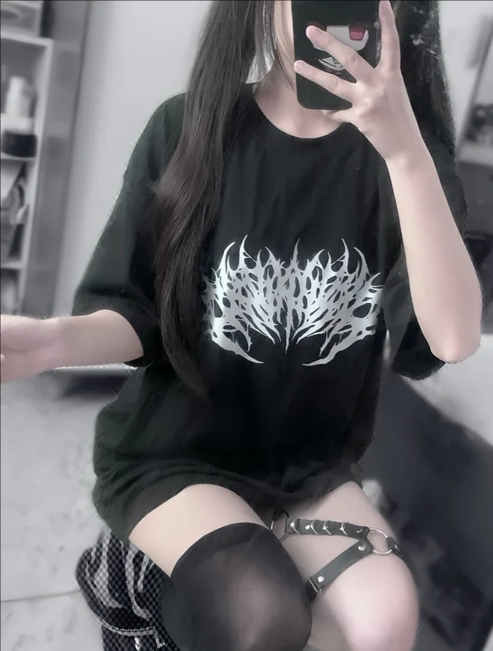 Japanese Mine Dark Goth Punk Summer Short-sleeved T-shirt Sweet Girl Couple T Shirt Versatile Print Simple Mid-length Tops