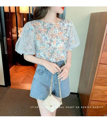 Floral Short-sleeved Chiffon Women's New Puff Sleeve Top Chic and Fashionable Shirt