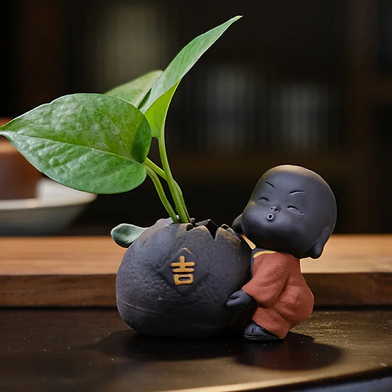 Fortune Lucky Cute The Little Monk Purple Clay Tea Pet Home Decor Mini Water Planting Flower Vase (Available)