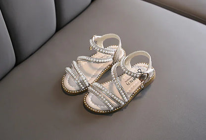 Summer Children's Sandals Korean Style Open-toe Kids Girls Causal Rhinestone Pearl Flats Sandals Fashion Princess Dress Shoes