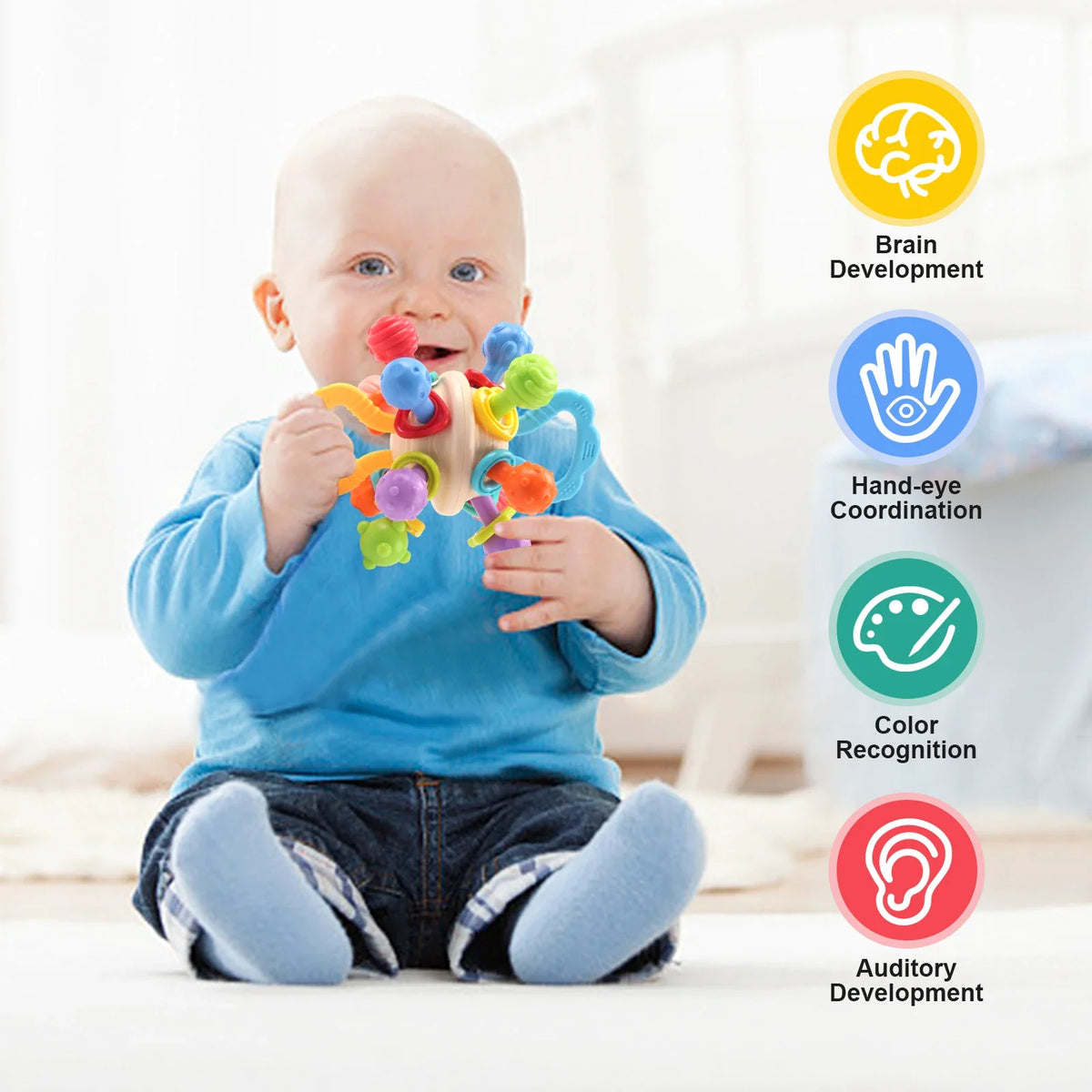 Baby Silicone Teether Ball BPA-free soft rattle toy for infants 0–12 months with easy-grip design