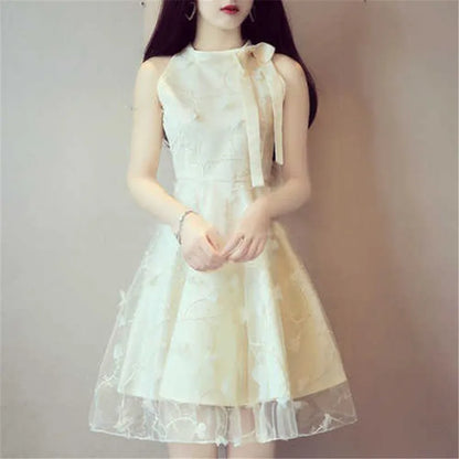 Elegant Floral Jacquard Embroidery Party Dress New Summer Women Tie Bow Mesh Dress Lady High Waist Short Sleeveless Tank Dresses