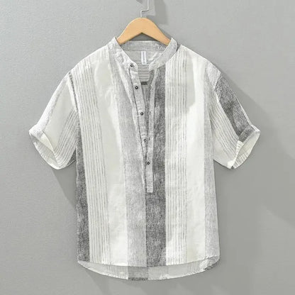 Fashion Stand Collar Printed Spliced Striped Shirts Men's Clothing 2025 Summer New Loose Short Sleeve Casual Tops Vintage Shirts(Available)