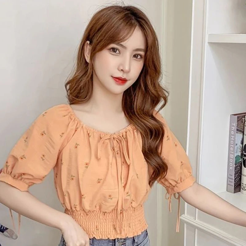 Sweet Broken Flower Women Short Shirts Elegant O-Neck Bow Tie Blouses Korean Fashion Elastic Waist Puff Sleeve Blouses 2025 New