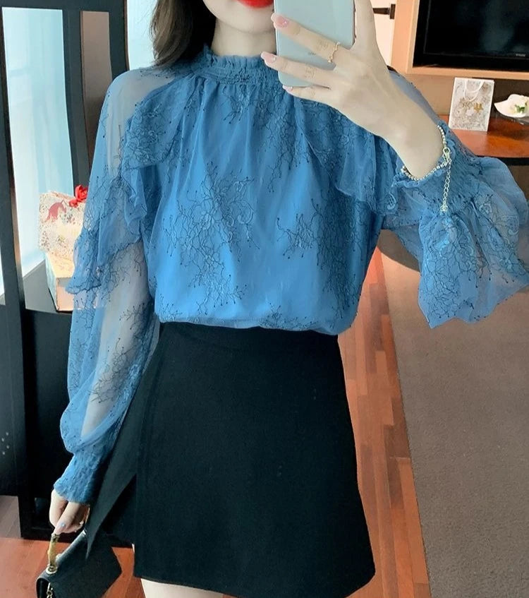 Chiffon Women's Shirt and Blouse Lace Flowers Luxury Designer Youthful Woman Clothes Vintage Clothing Female Tops Trend 2025 New