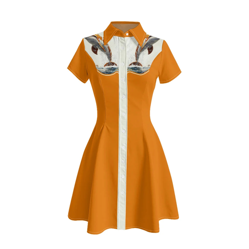 Women's Western Shirt Dress with Music Notes and Dolphin Print Cowboy Collar Button Up Pure Cotton Midi Dress Casual Boho Style