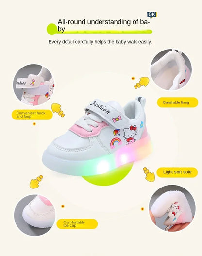 Spring Autumn Baby Girls Hello Kitty Led Light Shoes Children's Sneakers Toddler Anti-slip Walking Shoes Girls Outdoor Shoes