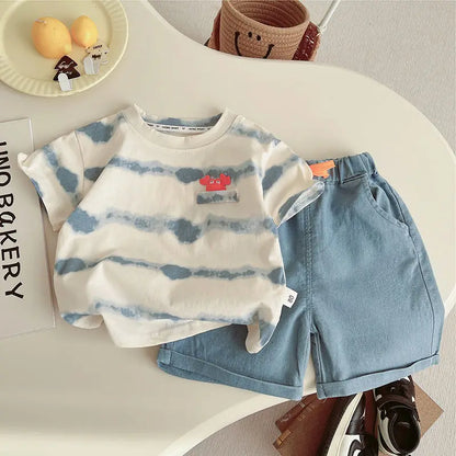 Summer Children Clothes Boys Girls Short-sleeved Striped T-shirt +Shorts 2Pcs Set Babies Fashion Round Neck Outfits Kids Suits