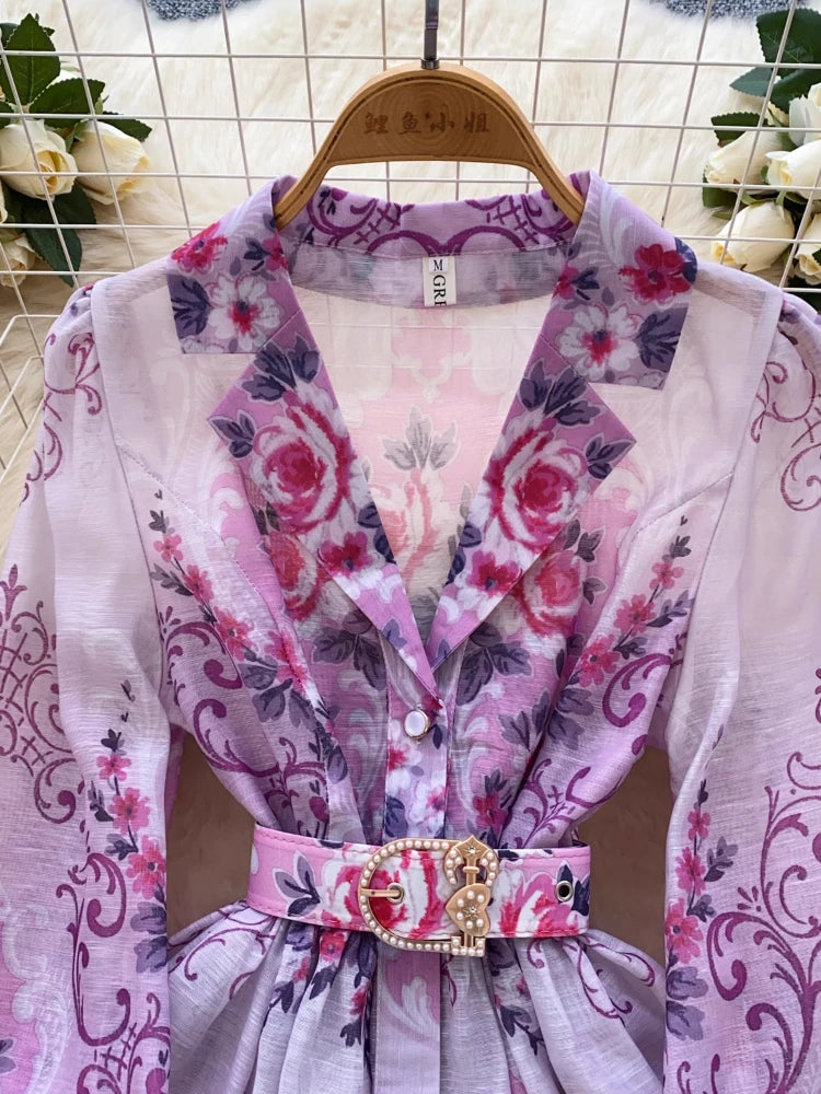 France Elegant Vintage Palace Evening Dress Women Sashes Button Print Short Party Dress Female Casual Chic Festival Clothing New