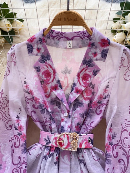 France Elegant Vintage Palace Evening Dress Women Sashes Button Print Short Party Dress Female Casual Chic Festival Clothing New
