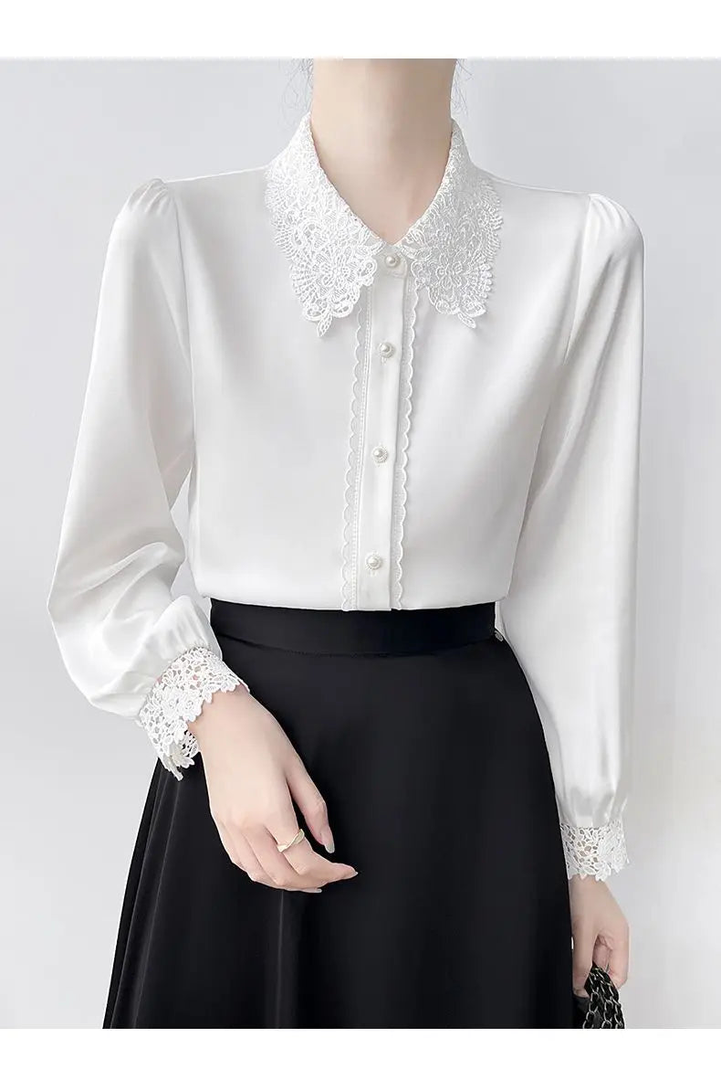 Lapel Lace Hollow Stitching Top Satin Shirt Women's Long-sleeved Temperament Autumn