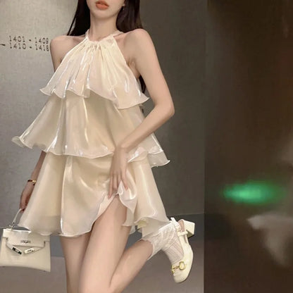 Woman Dress Elegant Sweet Sleeveless Ruffles Mesh Loose Summer New Cake Mini Dresses Solid Sexy Female Casual Fairy 2026