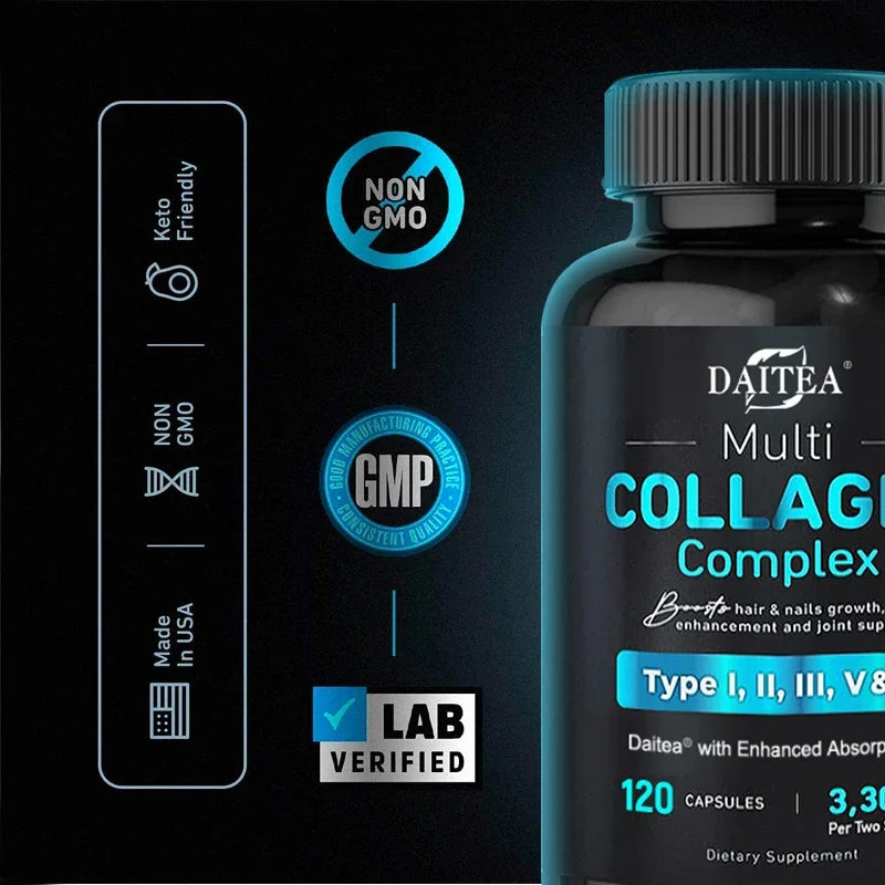 Collagen Complex (Types I, II, III, V, X) - with Digestive Enzyme Blend, Non-GMO - 120 Capsules, for Men and Women