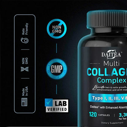 Collagen Complex (Types I, II, III, V, X) - with Digestive Enzyme Blend, Non-GMO - 120 Capsules, for Men and Women