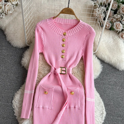 Women Dress 2025 Autumn Winter Elegant Rib Knit Long Pencil Dress with Belt Office Lady Bodycon Sweater Dress Vestidos