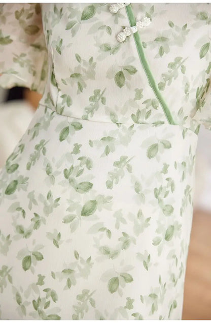 Women's Green Floral Print Chiffon Dress V Neck Ruffle Sleeve Double Layer Hem Casual Midi Dress