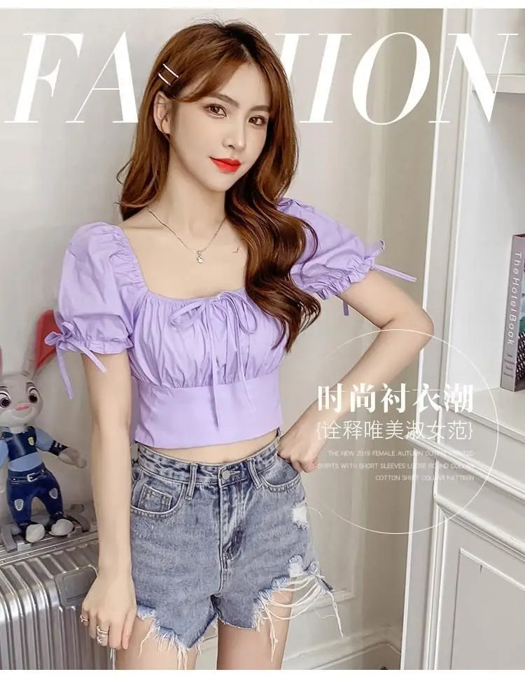 New Women's One-shoulder Lace-up Short Sleeve Waist-hugging Top
