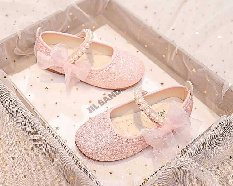 Girls Oxfords Bling Shoes Spring Autumn Kids School Dancing Shoes Pearl Beadings Big Girls Soft PU Leather Shoes Pink, Beige